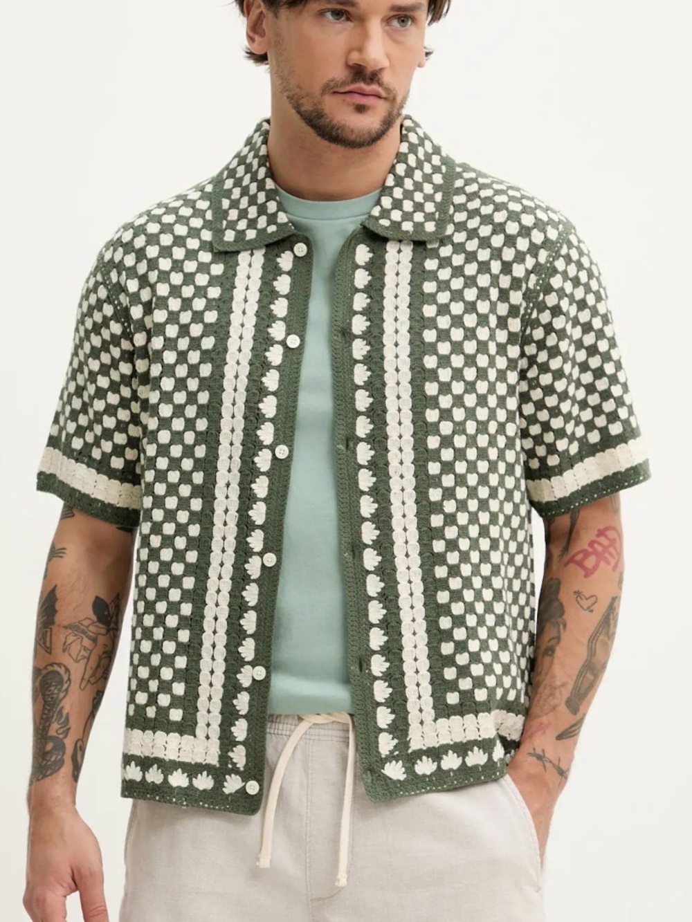 Abercrombie & Fitch Olive Green and Cream Knit Button-Up Shirt